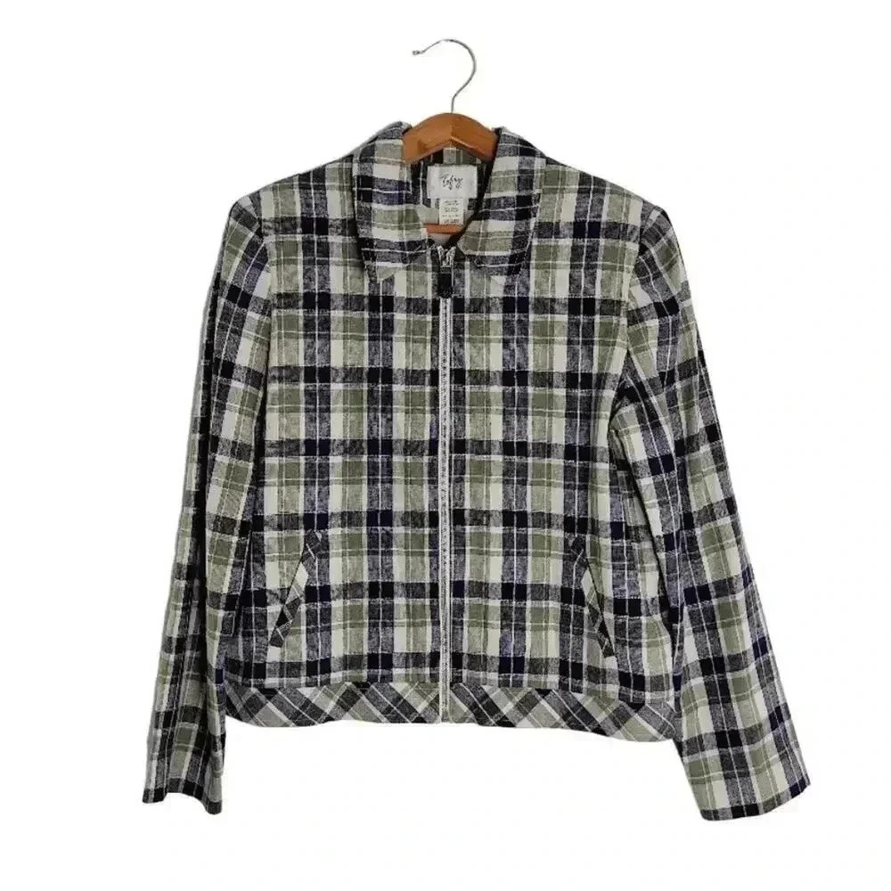 Vintage Tofy Green Blue Plaid Zip Up Jacket Women's Size 12